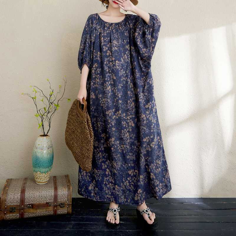 Cotton and Linen Printed Dress, Loose Robe, Lantern Sleeve Long Skirt