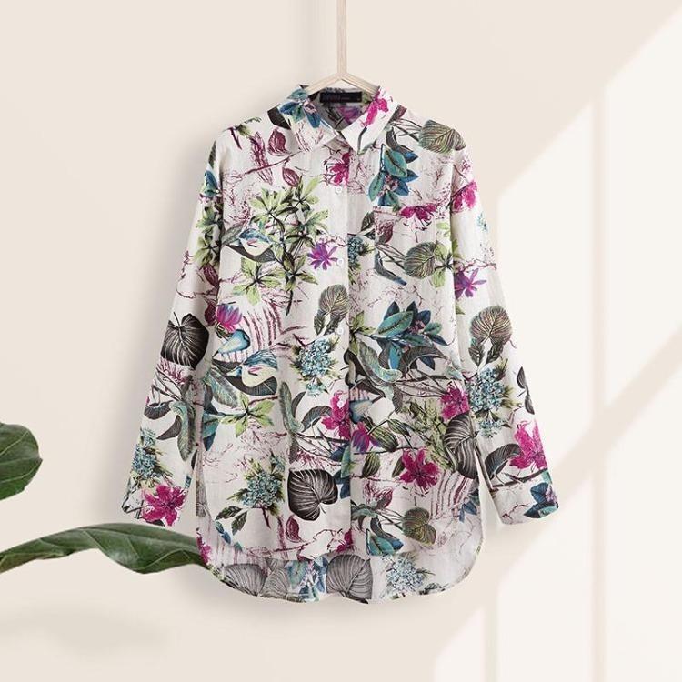 Comfortable Casual Loose Fit Blouse  Long Sleeve Printed Cotton Linen Top