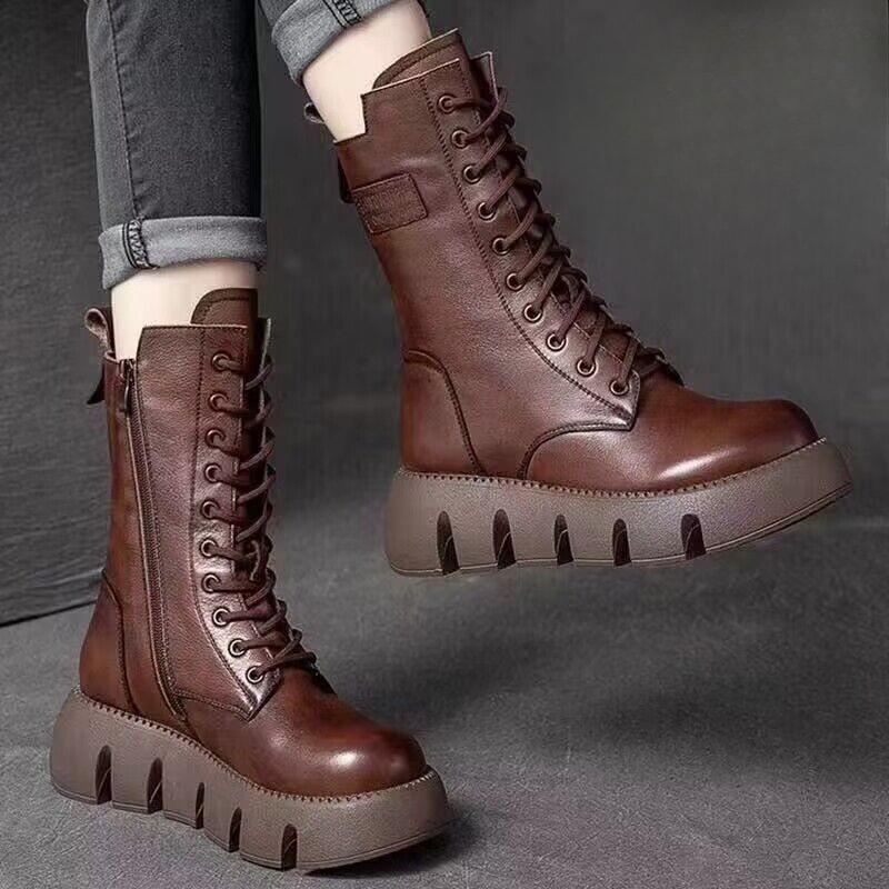 Fashion Winter Leather Women Boots Round Toe Mid-heel Ankle Boots for Women Lace Up Warm Snow Boots Retro Lady Platform Bikerboots Women