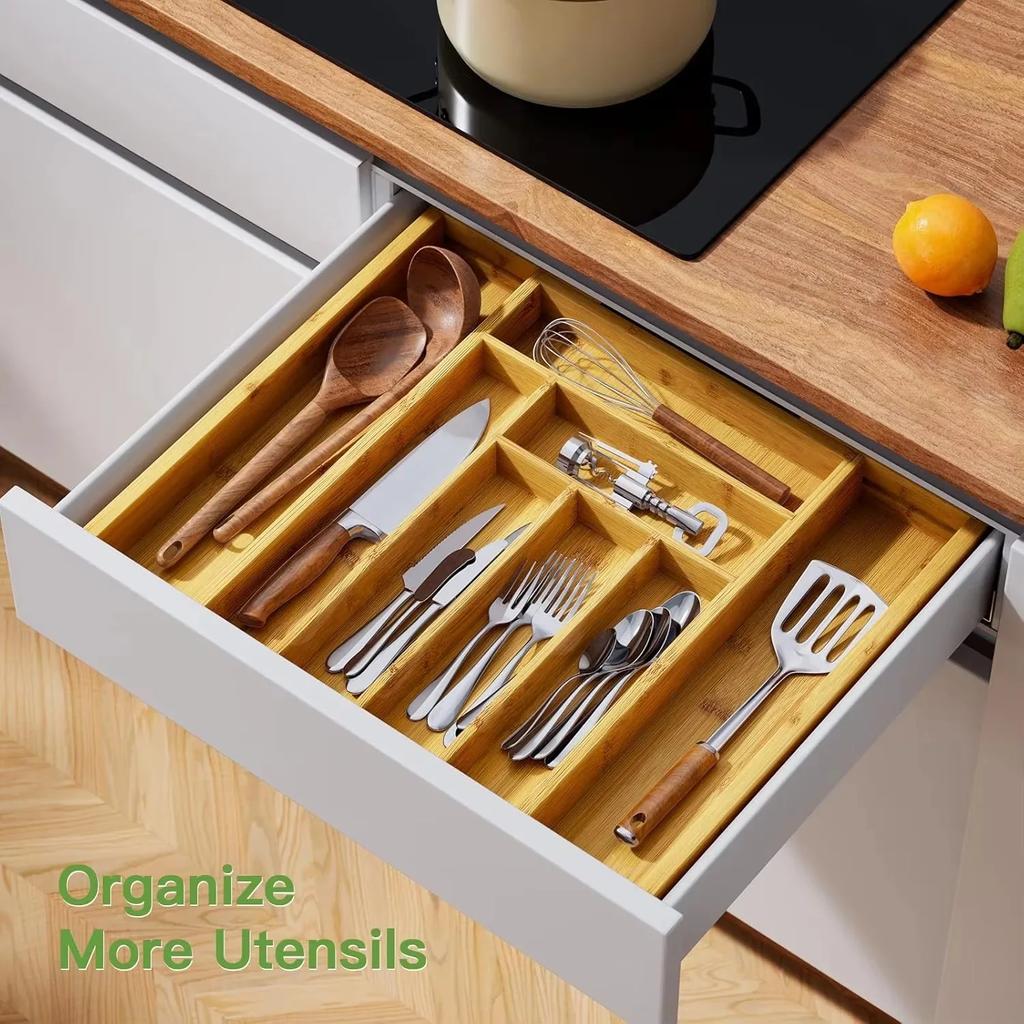 Bamboo Silverware Organizer, Expandable Cutlery Tray, Utensil Drawer Organizer In Kitchen for Spoons Forks Knives, Multipurpose