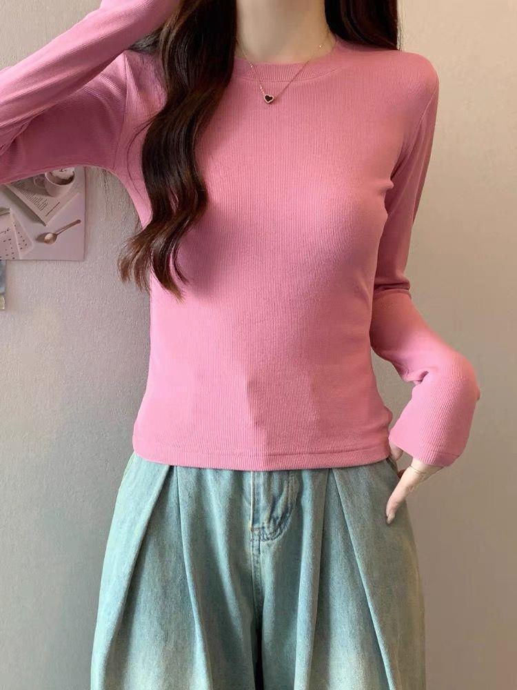 Burgundy Spicy Girl Long Sleeve Slimming T-Shirt for Women - Straight Shoulder, Autumn/Winter Style.