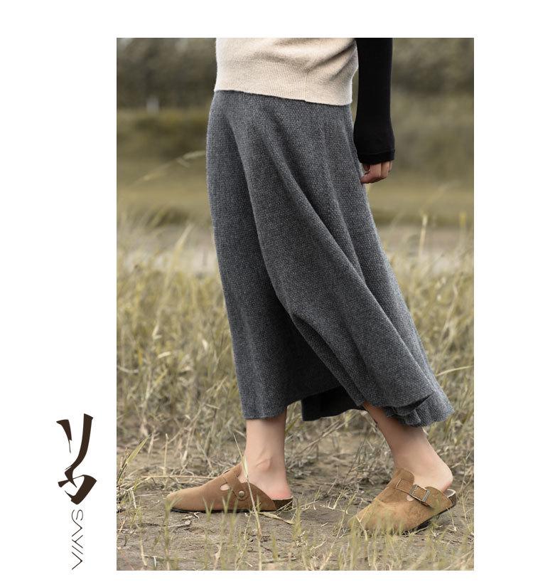 Women's High-Waist Mid-Length Wool Pleated A-Line Skirt for Autumn/Winter