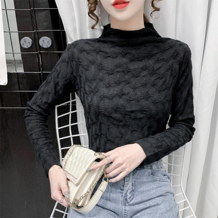 Stand-up Collar Pleated Long-sleeved Lace Shirt for Women In Autumn and Winter Slim Stand Collar Inner Bottom Top Lace Shirt
