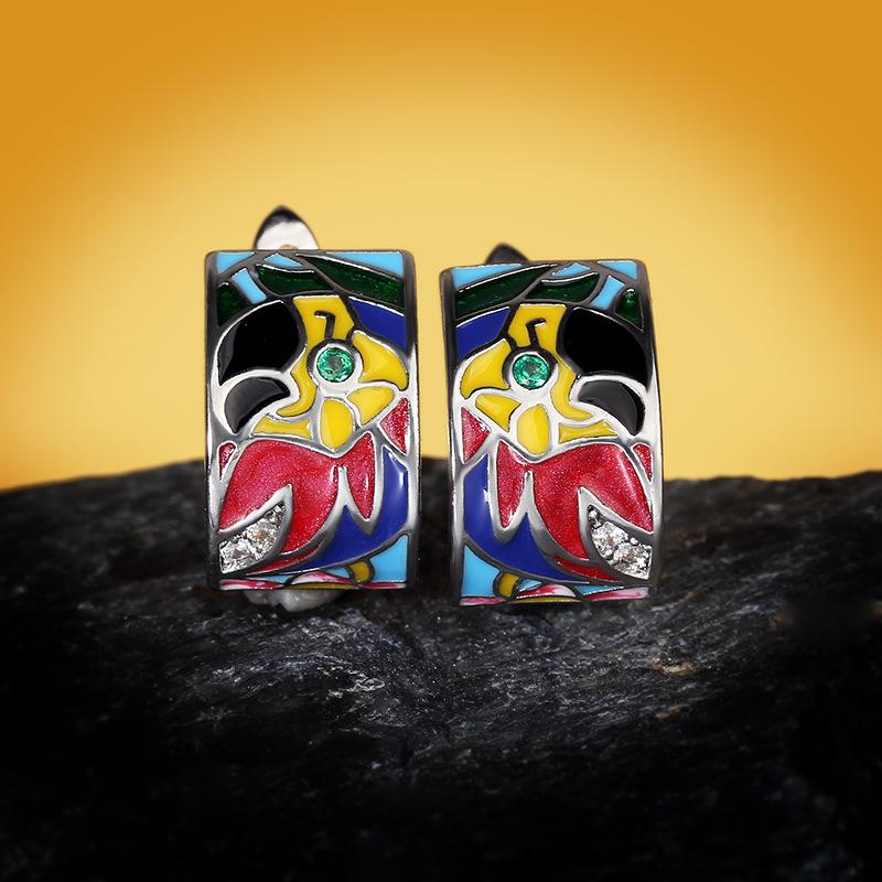 Silver Handmade Enamel Parrot Colorful Unique Earrings Fashion Jewelry For Ladies Geometric Bohemia Earring