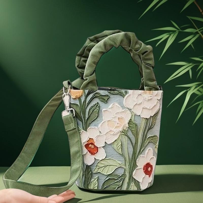 Oil Painting Flower Advanced Feeling Crossbody Handle Bucket Women's Bag Korean Illustration Literary Watercolor Creative