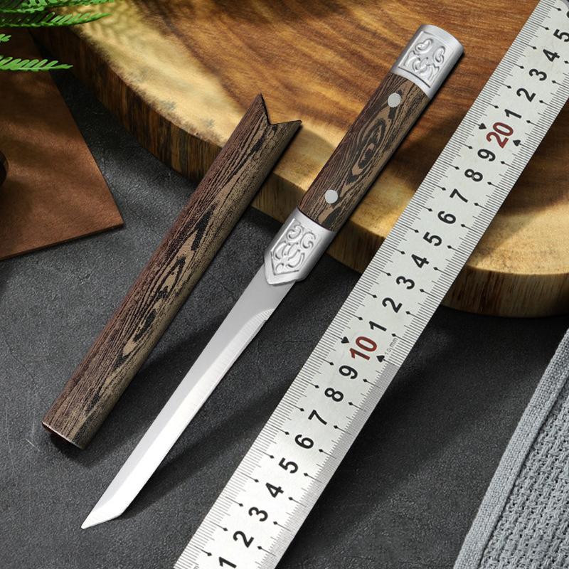 1 buc. Cuțit drept mic portabil de camping în aer liber, cuțit de fructe din oțel inoxidabil cu duritate ridicată, mâner din lemn imitație.