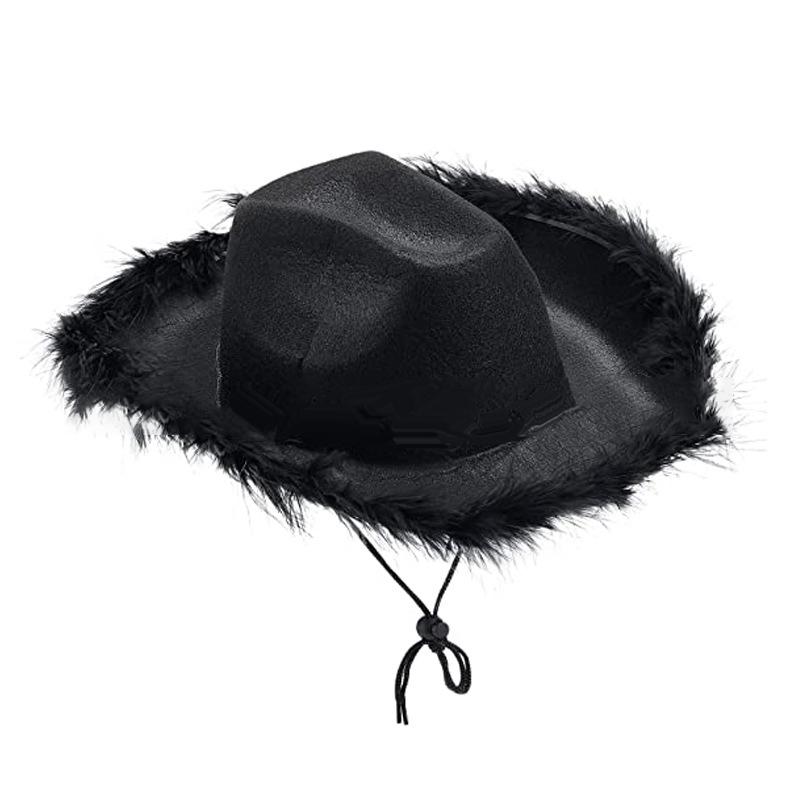 1Pc Gorgeous Fluffy Feather Brim Cowboy Hat Wide Brim Cowgirl Hat All-Match For Mardi Gras Rave Play Dress Up
