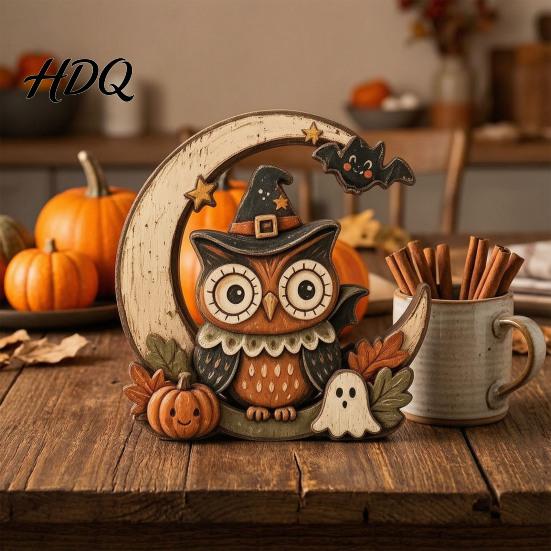 Cute Ghost Pumpkin Desktop Signs Halloween Retro Witch Cat Figurines with Crescent Base, Spooky Rustic Tiered Tray Decor Wooden Tabletop Centerpiece