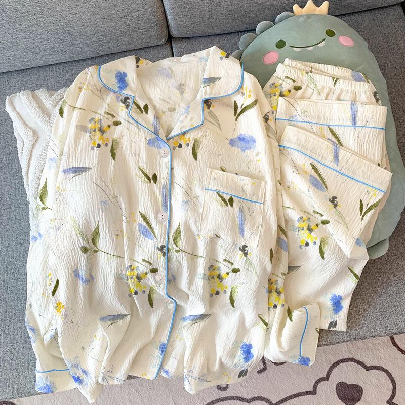 Green Plant Flower Lapel Pajamas Women'S Spring And Autumn Long-Sleeved Trousers Sweet Girl Loungewear Set