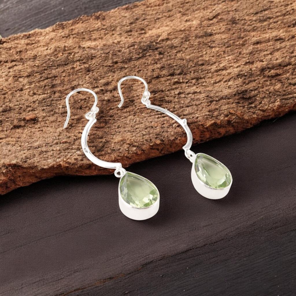 Green Amethyst Gemstone 925 Sterling Silver Jewelry Handcrafted Earrings 2.60" EE-43-37