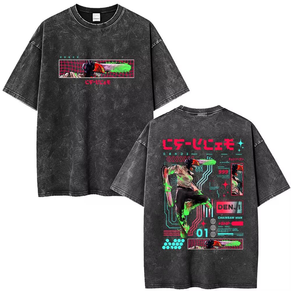 2026 Summer Hot Sale Anime Chainsaw Man Vintage Washed T-shirt Men Women Hip Hop Punk Streetwear Oversized T-shirt