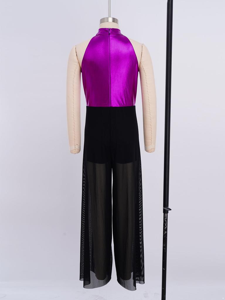 Sprankelende Metallic & Mesh Dans Jumpsuit voor Meisjes: Hoge Hals Mouwloos met Gerimpeld Bovenlijf & Wijdvallende Broek voor het Podium