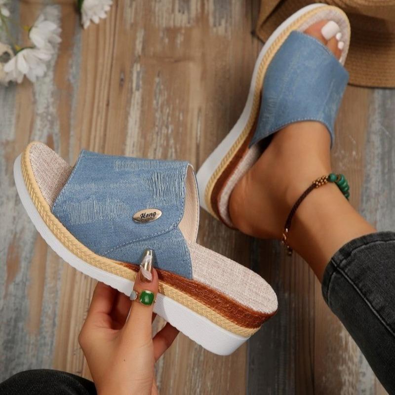 New summer women's slope heel thick bottom fish mouth slippers large size one word with slope heel slippers women