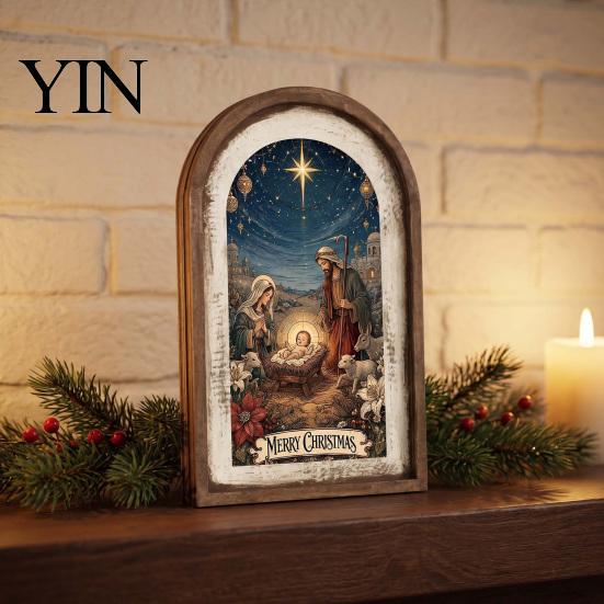 Christmas Garden Decorations Campfire Dinner Wooden Wall Art, Festive Holiday Framed Decor for Ornaments Living Room, Rustic Hanging Ornament