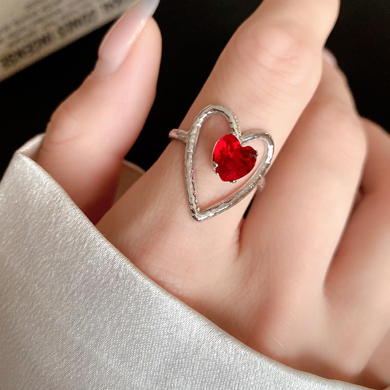 Red Zircon Smooth Heart-Shaped Open Ring Simple  Finger Rings Jewelry For Women