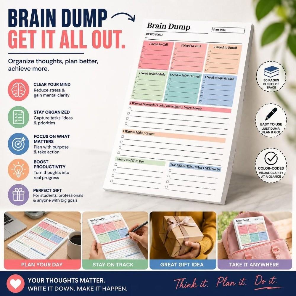2Pcs Tear Away Design Brain Dump Notebook A5 Size To-Do Planner Daily Planning Manual Work Tasks