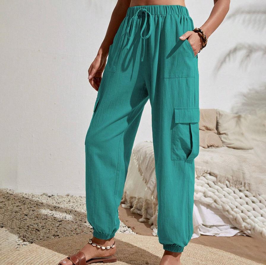 Spring and Summer Women's Fashion Elastic Band All-match Solid Color Pocket Casual Overalls Women's Pants