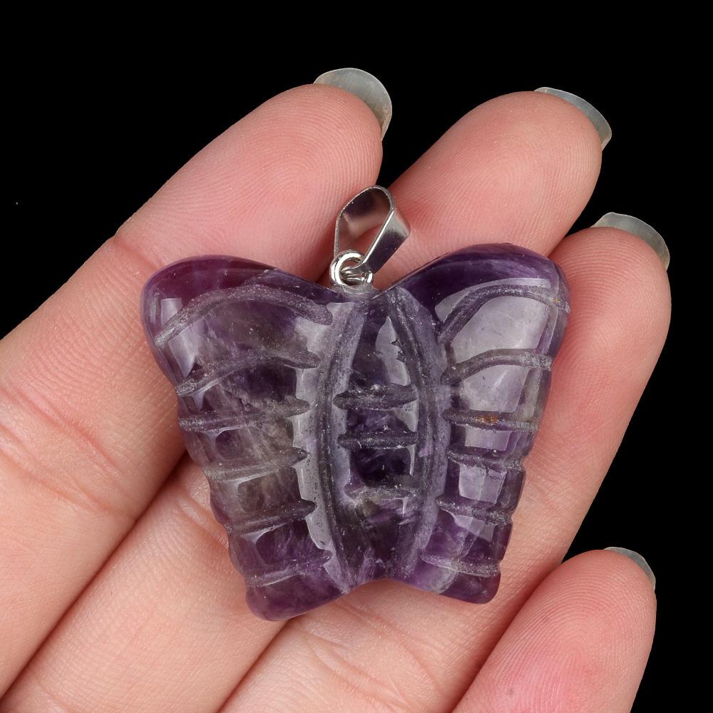 30pcs Mixed Stone Engraved 35mm Quartz Crystal Butterfly Pendant Natural Animal Guardian Necklace Pendants & Charms