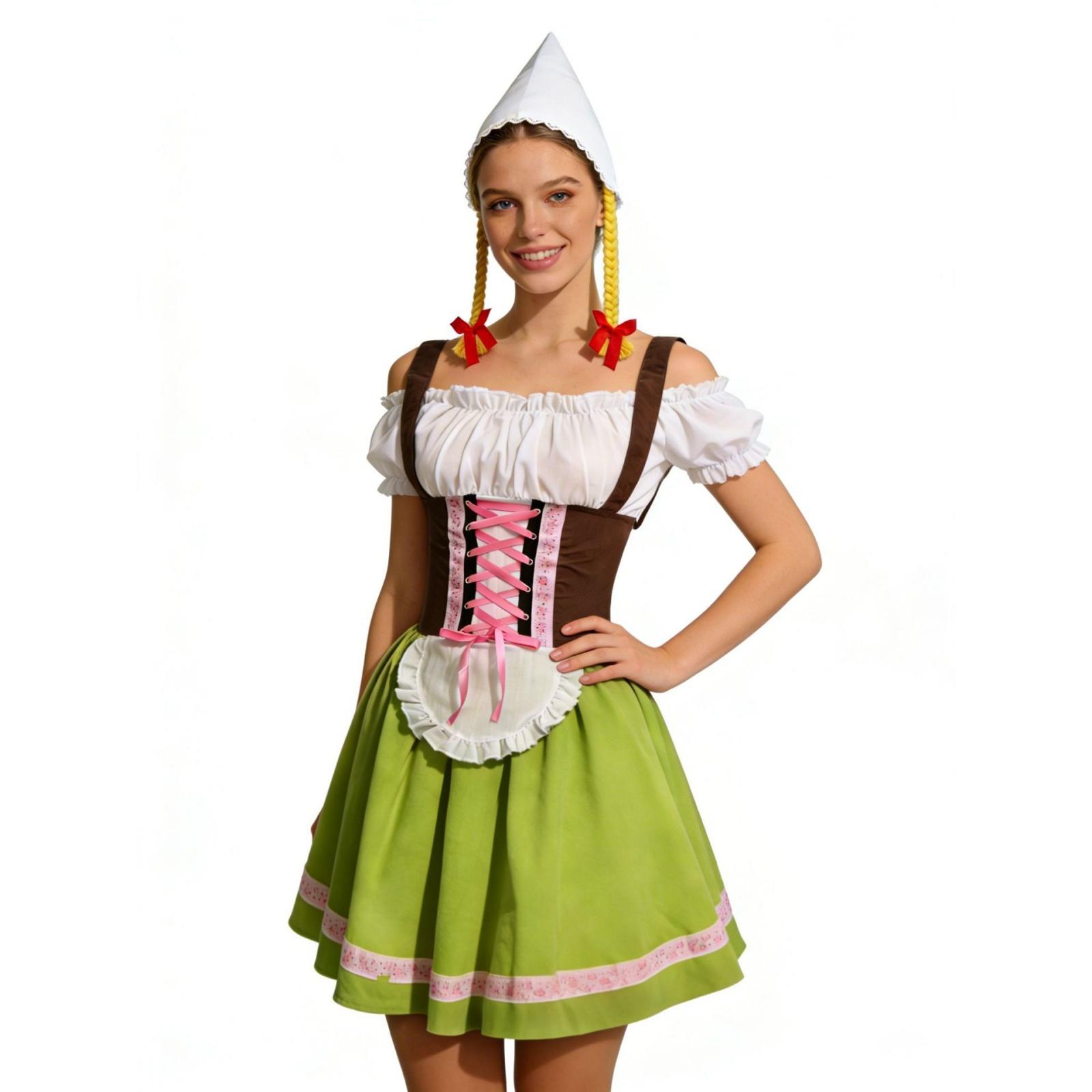 

Women s Oktoberfest Dress Traditional Bavarian Costume Off Shoulder Lace Up Bodice Mini Skirt with Apron and Hat L зелений