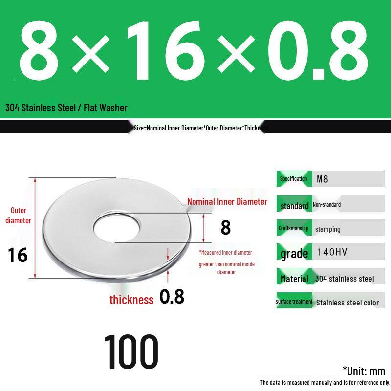 304 Stainless Steel Thickened Flat Washer Set, Sizes 2-36