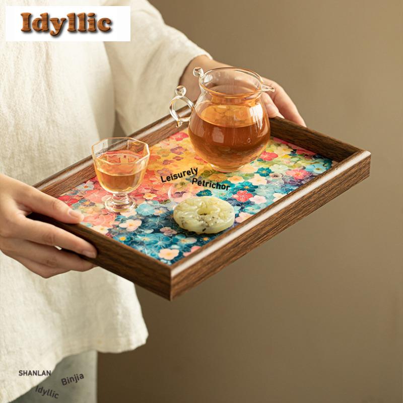 Oil Painting Style Floral Square Tea Tray Snack Plate Coffee Storage Board Teapot Mat Dishes For Serving Tea Ceremony Supplies