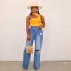 New Ripped Jeans Women's Washed Wide-leg Pants Straight Trousers