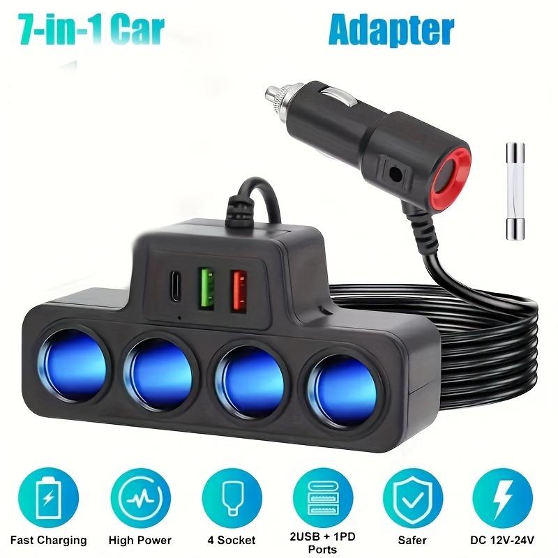 7-in-1 Car Charger Splitter with 4 Sockets and USB/PD Ports, 12–24V Fast Charging Adapter with Safety Fuse and Long Cable