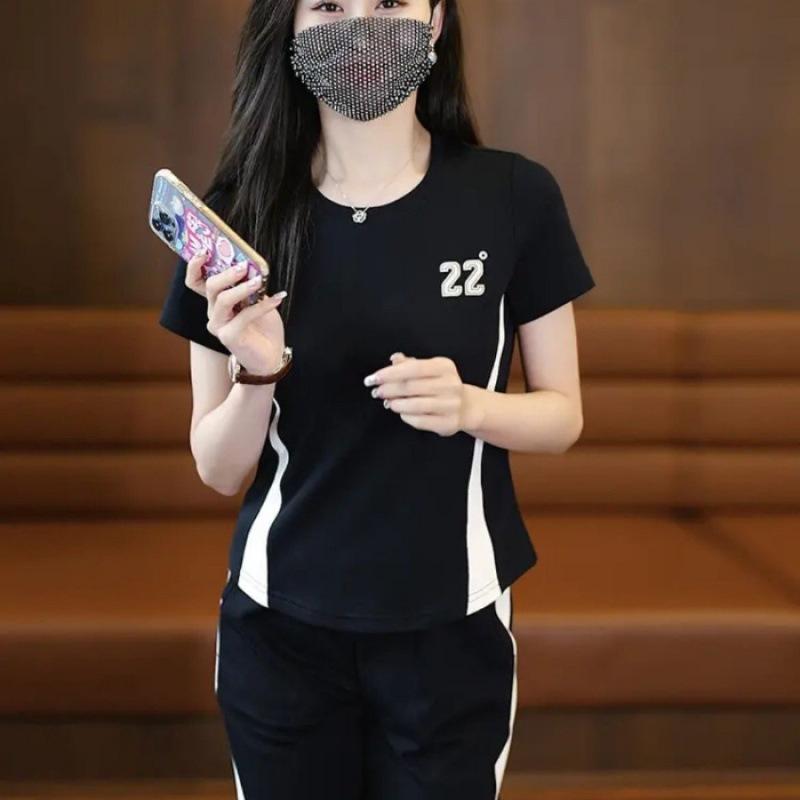 Casual Sports Suit for Women, Summer Temperament, Fashionable Style, Age-reducing Short-sleeved Straight Pants Two-piece Set