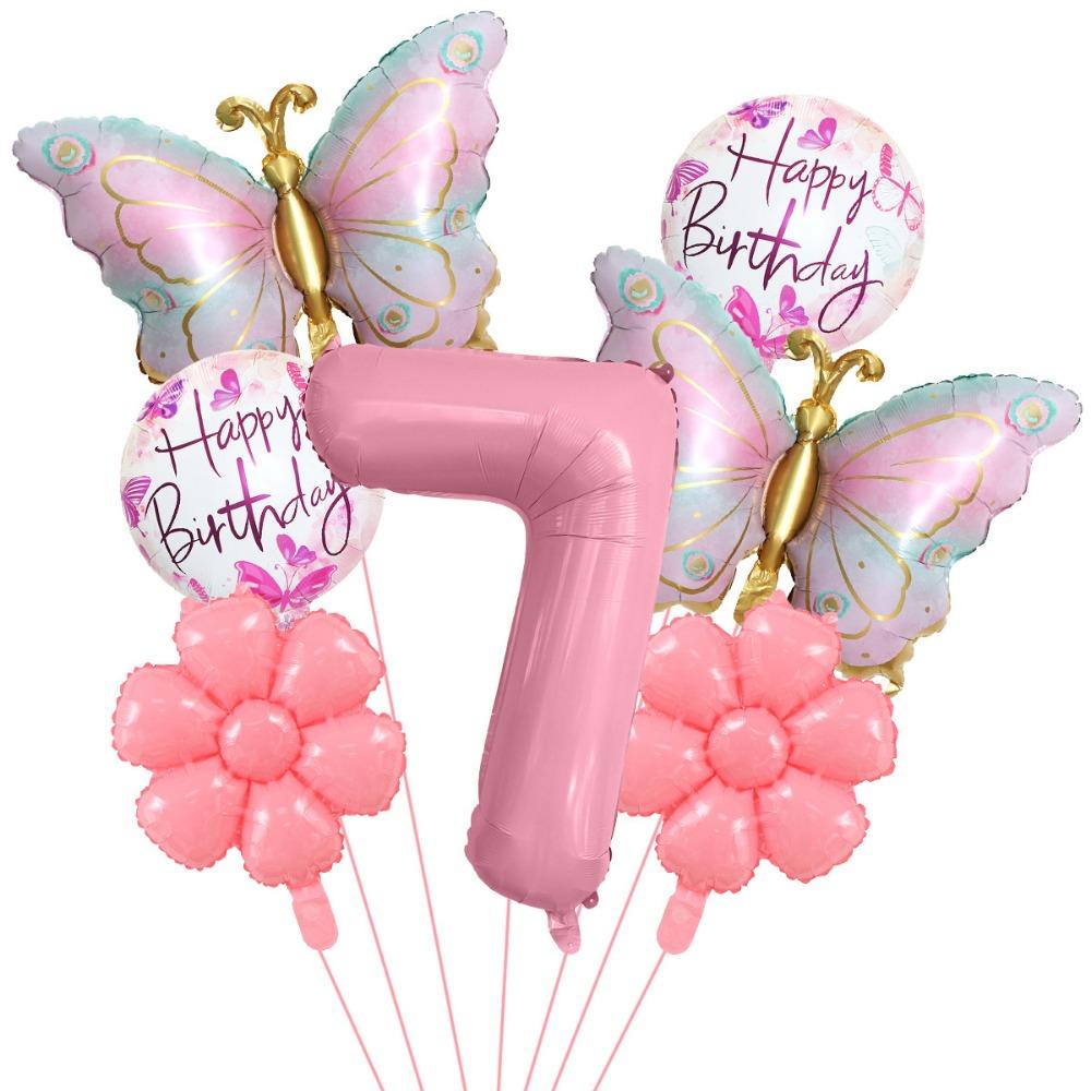 Palloncini Numerici Farfalle Rosa Materiale Foil Palloncini Fiore Happy Birthday 1-9 Palloncini Foil Forniture per Feste di Compleanno