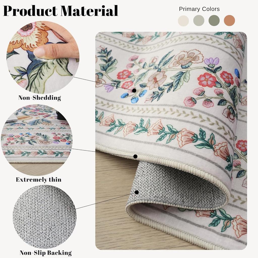 Rugs for Living Room Washable Vintage Floral Non Slip Low Pile Large Carpet for Bedroom Dining Room Nursery Play Beige Floor Mat
