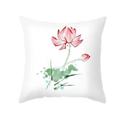 Zuhause Wohnzimmer Sofa Pflanzendruck Dekokissenbezug Lotus Pfirsichblütenmuster Weißer Kissenbezug
