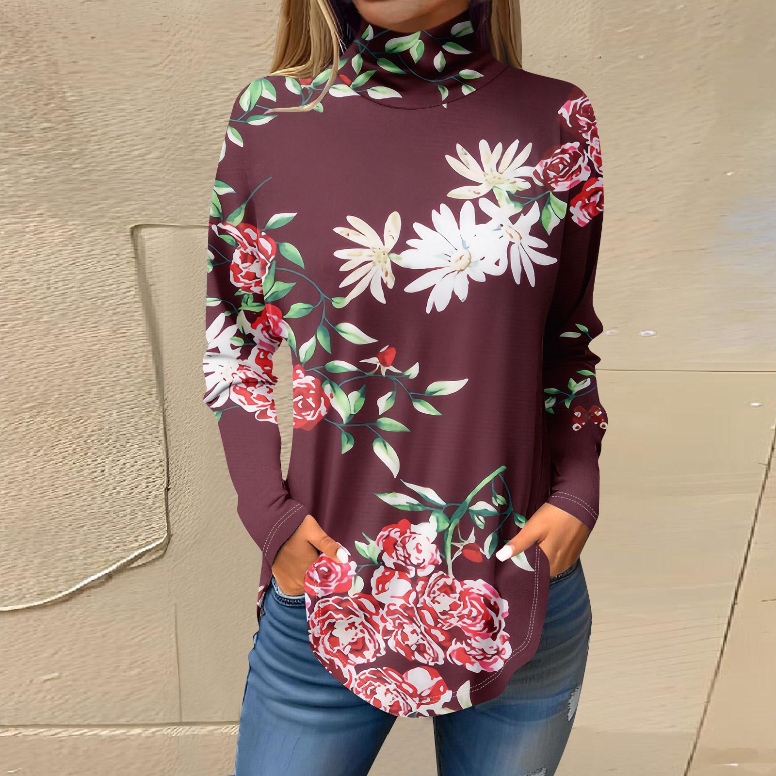

Футболки для женщин, осенние повседневные рубашки с длинными рукавами, толстовка с винтажным принтом, топ с высоким воротом, пуловер XL винный