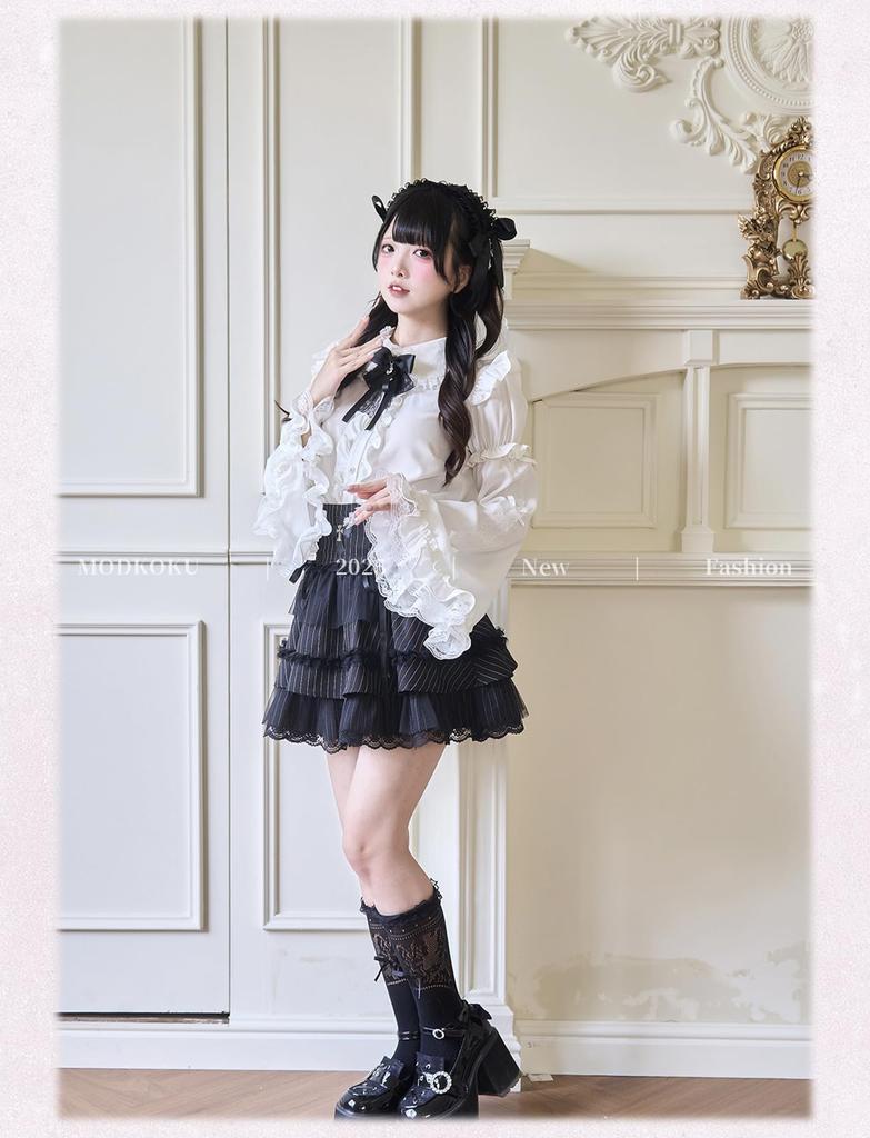 MODKOKU Mini Princess Detachable Long Short Size M Women's 4-Piece Set, Blouse, Skirt, Sleeves, Sleeves, Lace, Ruffles, Ribbons, Lolita, Cross,