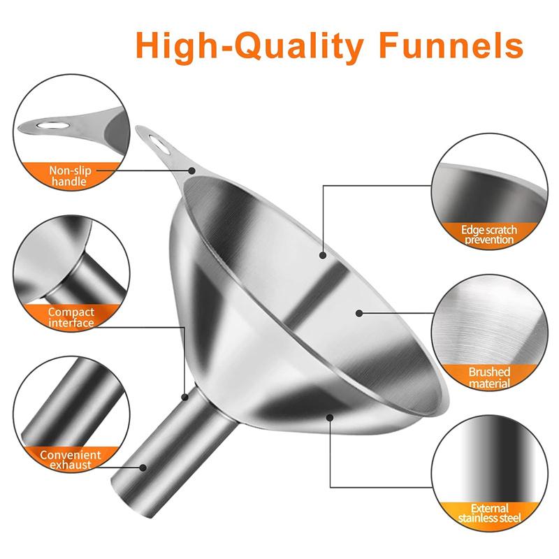 6Pcs Stainless Steel Kitchen Funnels Set Wide Mouth Funnels For Canning Bar Wine Beer Oil Flask with Cleaning Brushes and Rings