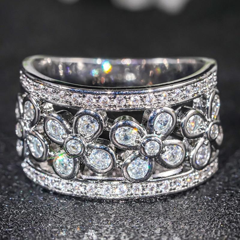 

Huitan Hot Sparkling Cubic Zirconia Flowers Rings for Women Exquisite Hollow Pattern Accessories Fashion Eternal Wedding Zircon 6