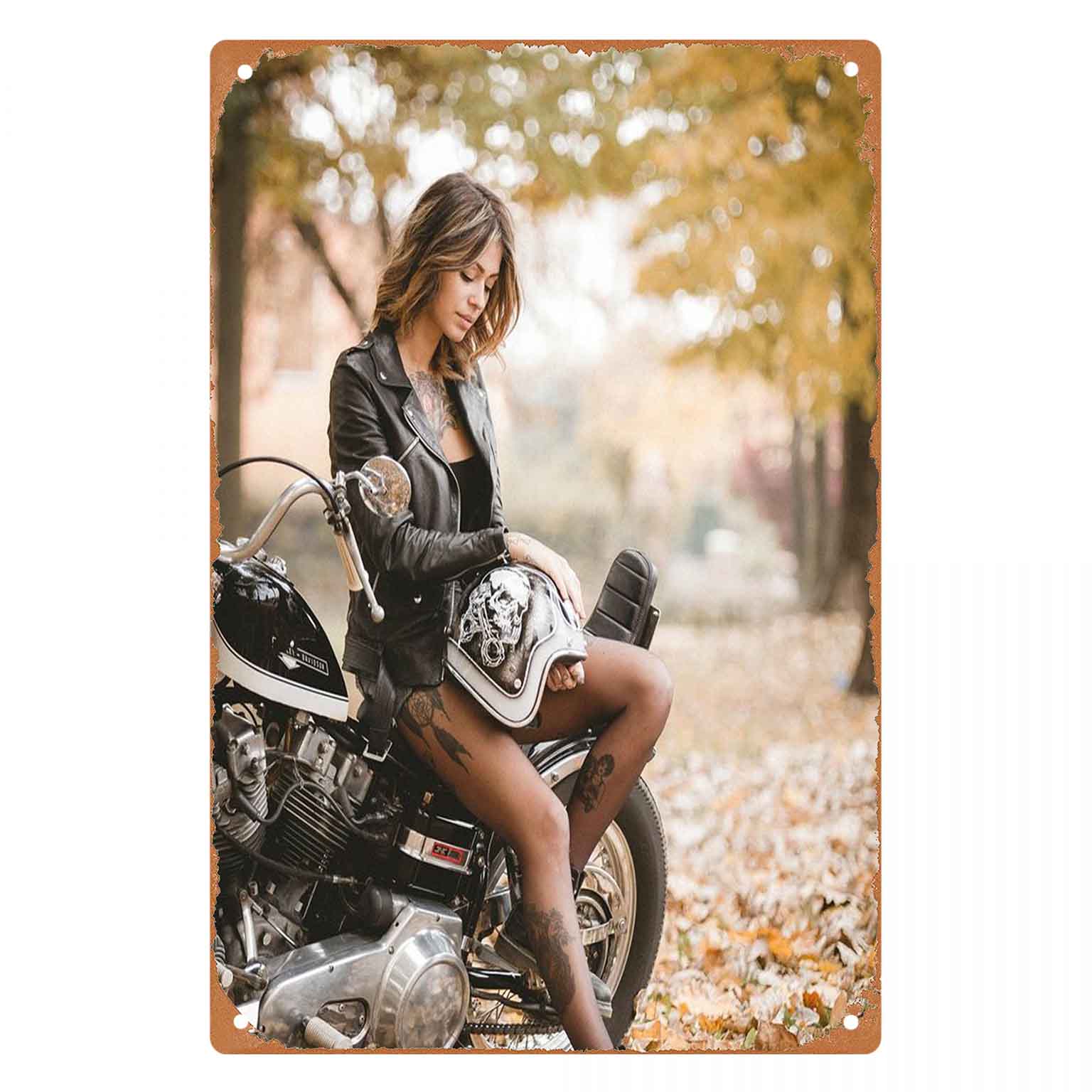 

Fashion Girl Leaning on Her Custom Motorbike Vintage Metal Wall Sign Decor 20x30cm