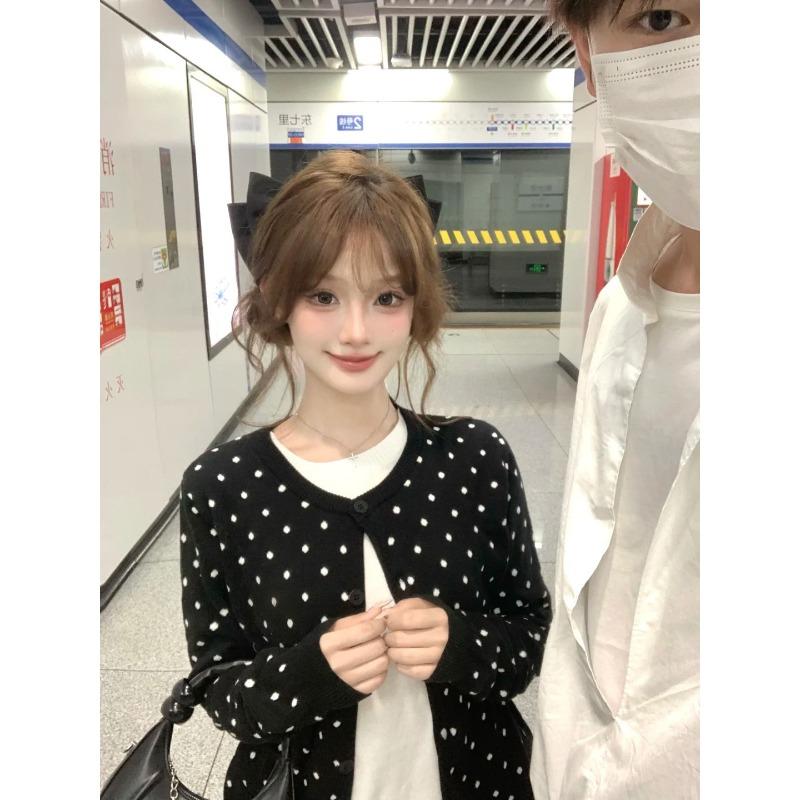 Age-reducing Polka Dot Knitted Cardigan Women's Spring and Autumn Niche Single-breasted Contrasting Long-sleeved Jacket Sweet Style Top