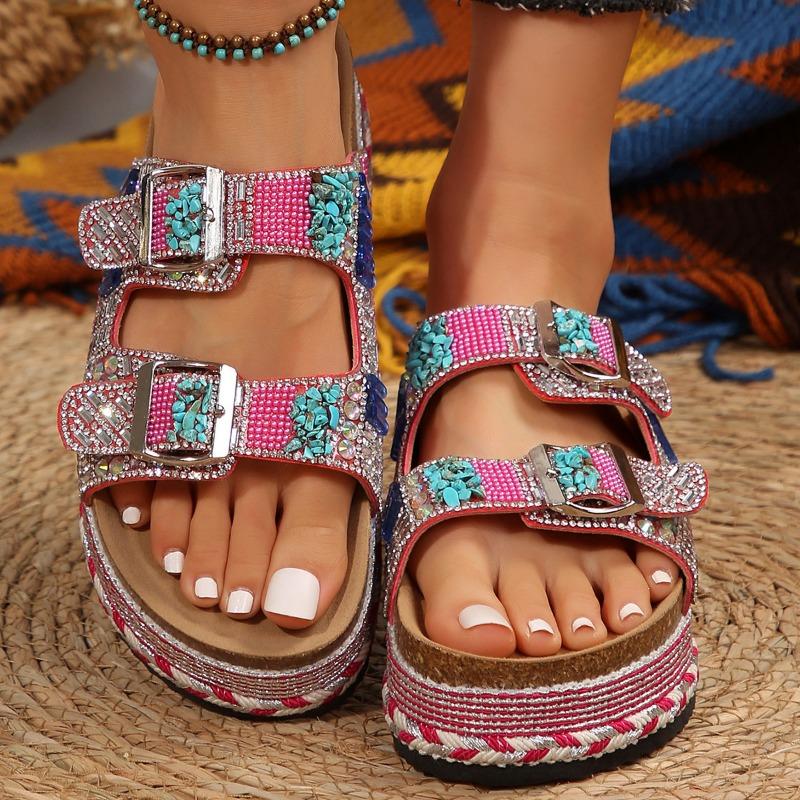 Hot-selling muffin thick-bottomed cool slippers women's summer new belt buckle rhinestone slippers