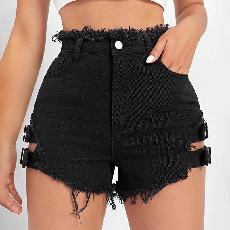 Summer Women Denim Shorts with Frayed Hem Buckle Straps Y2K Fashion Trendy Cut Out Jeans Shorts