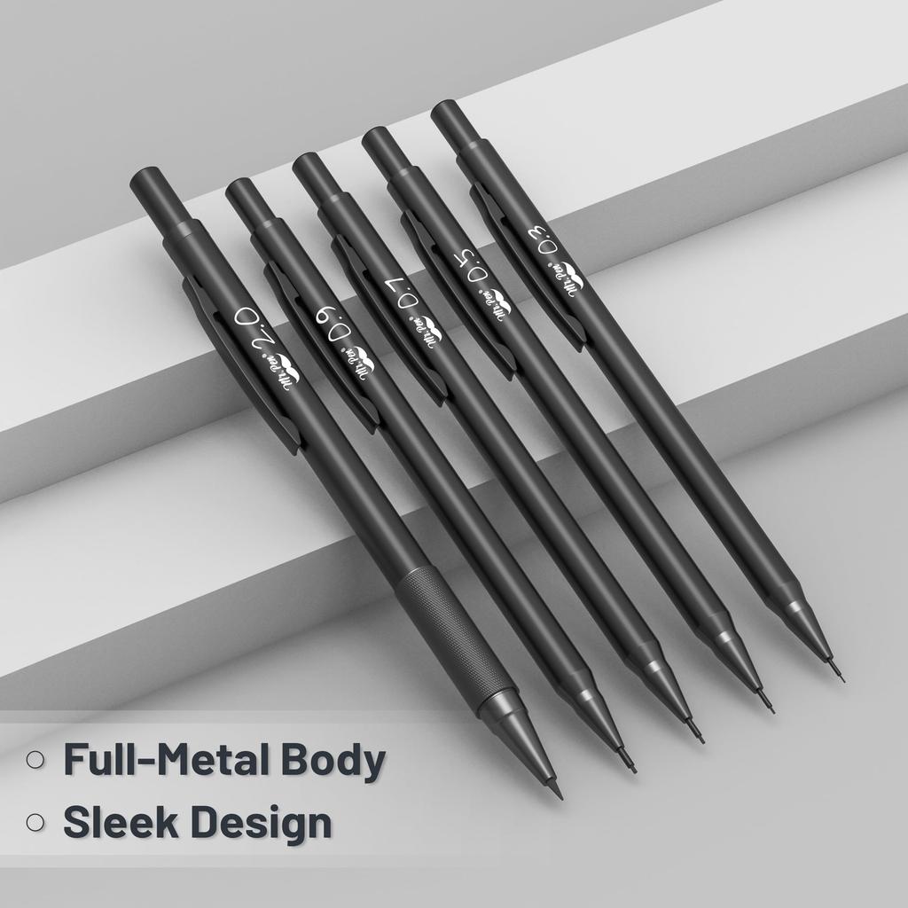 Pen Metal Mechanical Pencil Set with Lead and Eraser 5 and Perfect for Mr. Refills, Sizes, Black 0.3, 0.5, 0.7, 0.9, 2mm. Drawing.