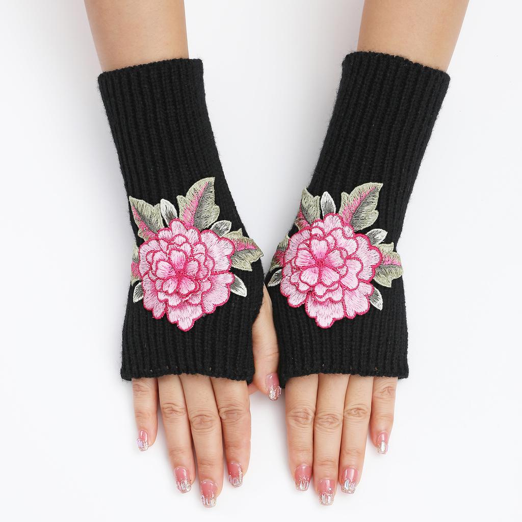 New Autumn and Winter Women's Knitted Woolen Sleeve Sleeves Half Finger Exposed Gloves Fashionable and Warm Short Wrist Guards Flower Gloves