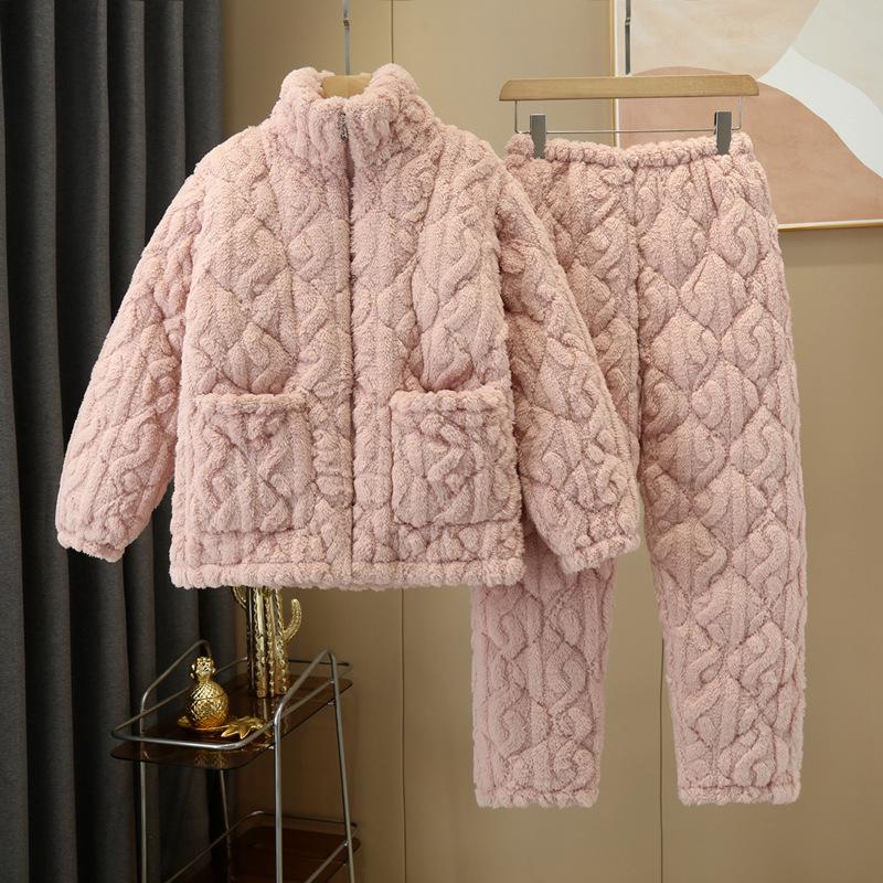 Three-Layer Fleece-Lined Quilted Winter Pajama Set for Elderly Women - Warm Coral Fleece Home Wear & Outerwear