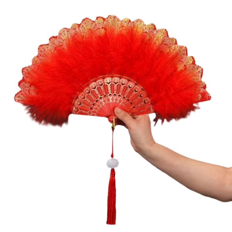 Embroidered Flower Feather Fan Vintage Hand Fan for Costume Dancing Handheld Folding Fan Performances Wedding Party