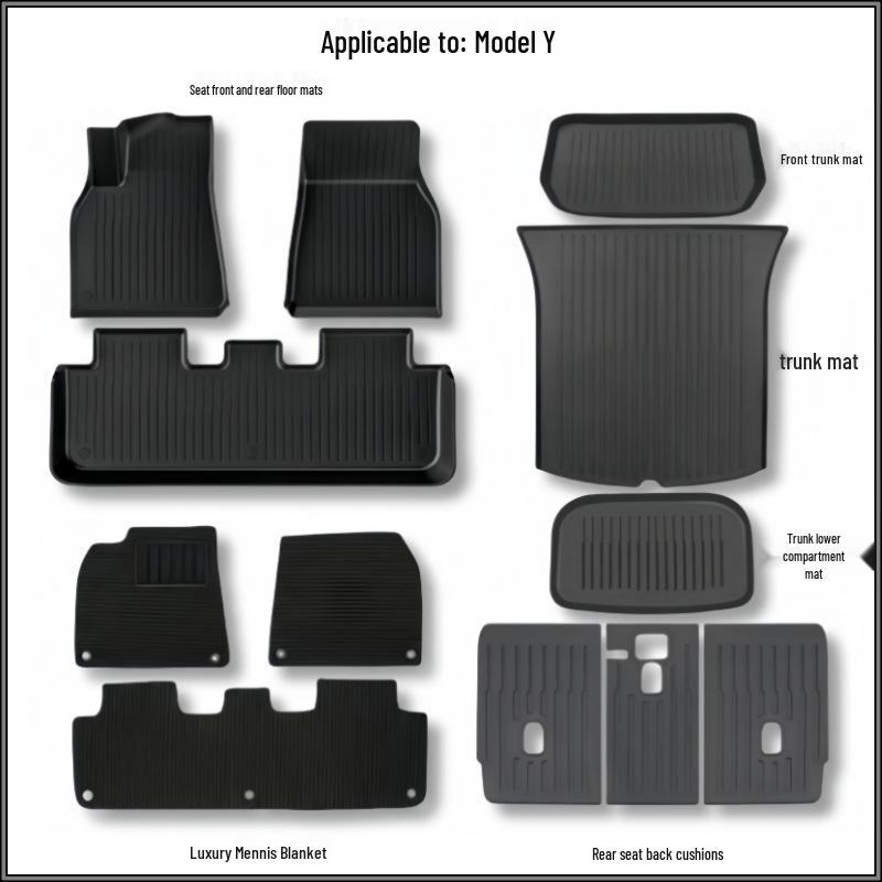 Tesla Model Y TPE Floor and Trunk Mats: Front, Rear, and Accessories for Car Interiors.