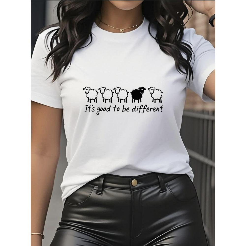 

Ladies Casual Short Sleeved Pure Cotton Tshirt with Sheep Pattern Print Round Neck Design Suitable for Daily Wear Harajuku S
