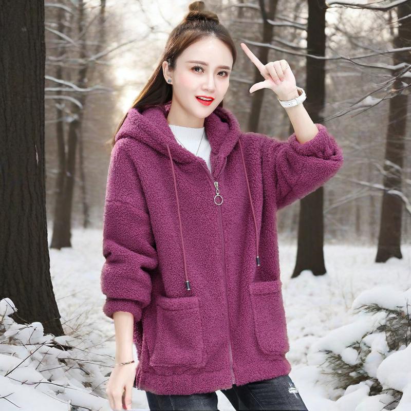 Lamb fleece hoodie for women with thickened fleece, loose autumn and winter Korean zipper cardigan, teddy fleece