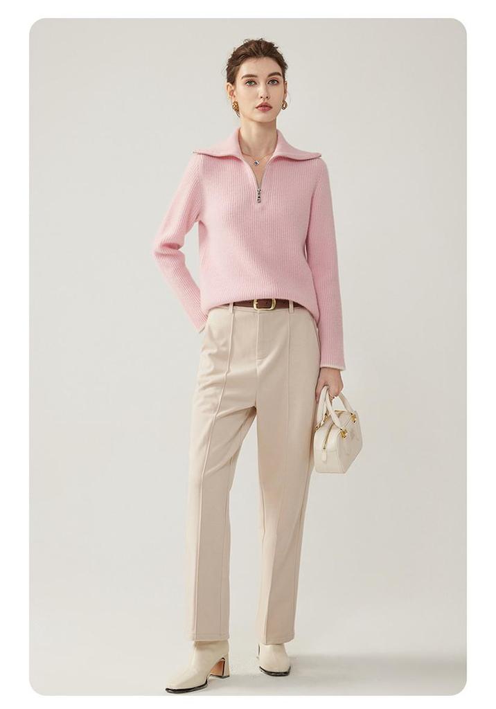 Women's 2026 Autumn/Winter Cashmere Lapel Half-Zip Knit Sweater: Elegant, Thick, Warm Base Layer