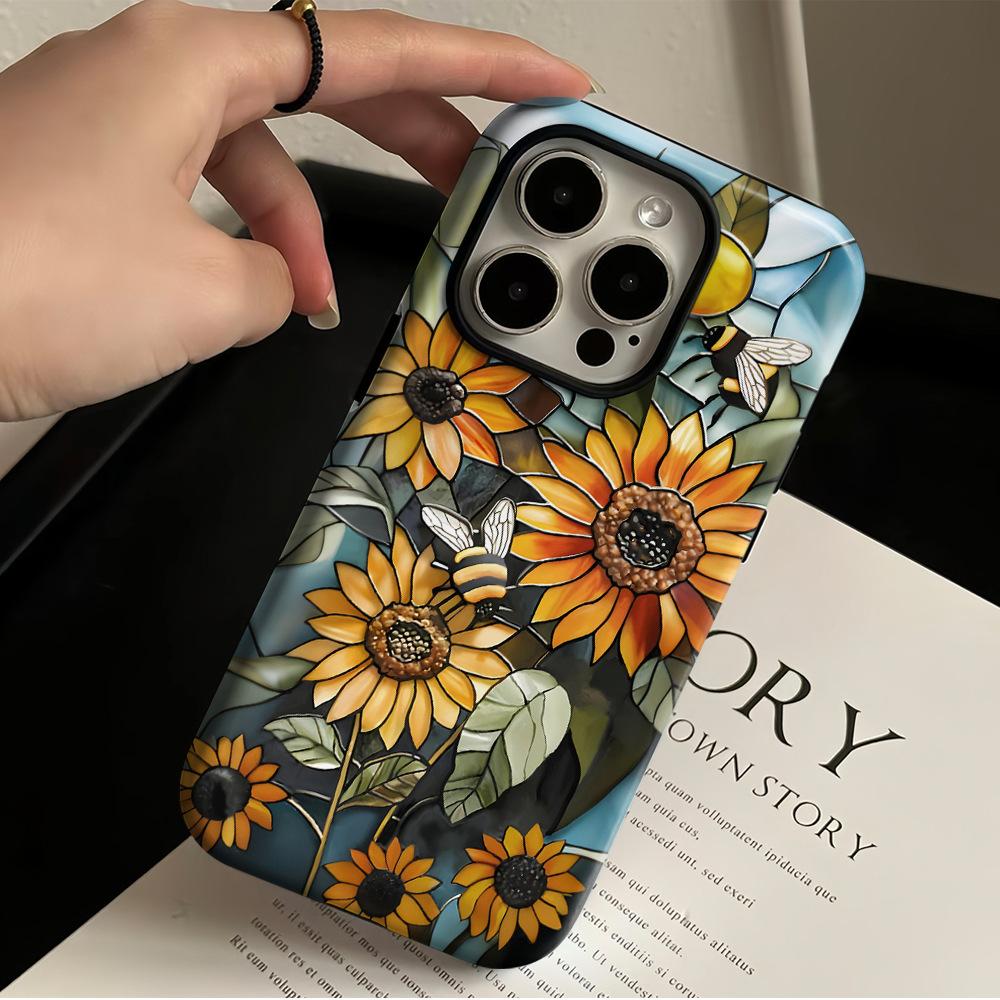 Niche Retro Style Sunflower Bee Illustration Apple 17 Mobile Phone Case iPhone13promax Double Protective Case