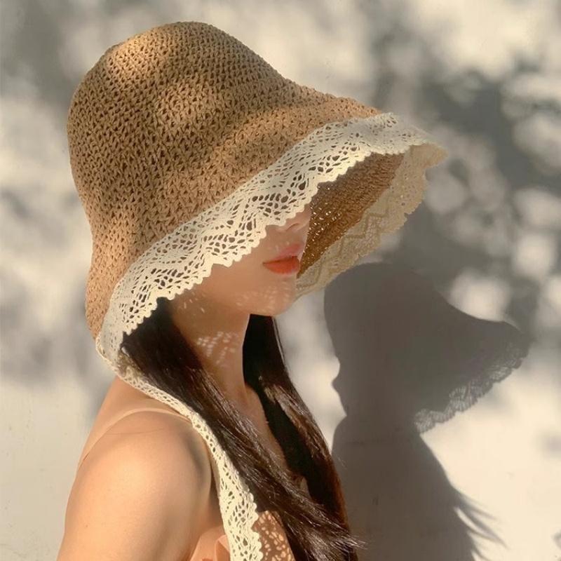 New Women'S Lace Sun Hat Wide Along The Beach Hat Summer Straw Hat Folding Sun Hat Head Women'S Beach Uv Protection Hat