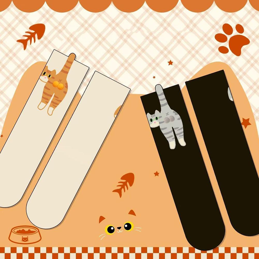 White/Black Cartoon Cat Tinkerbell Egg Socks Female Summer Outside Ins Cotton Japanese Cute Quirky Mid-calf Socks